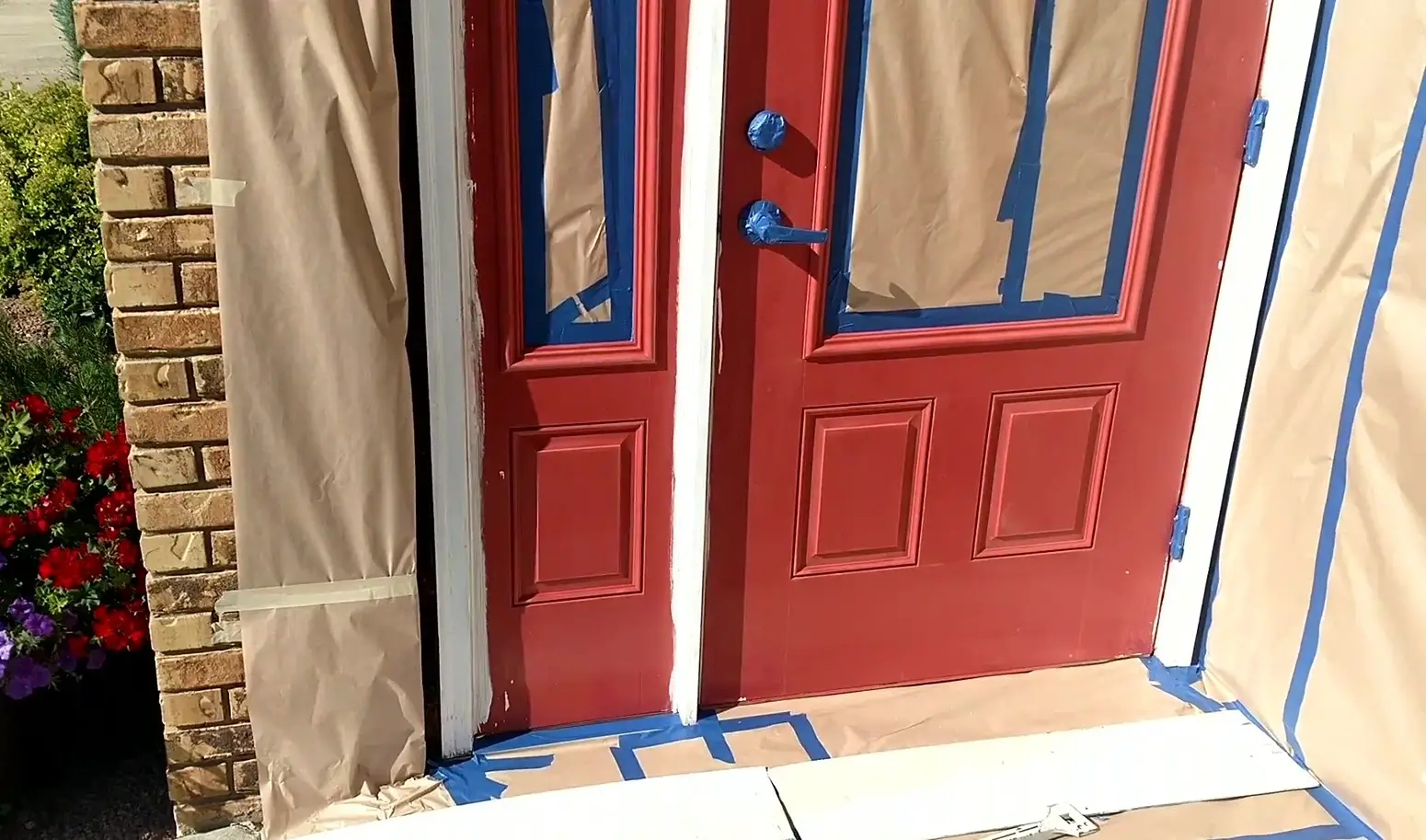 A wall masked and prepped for repair